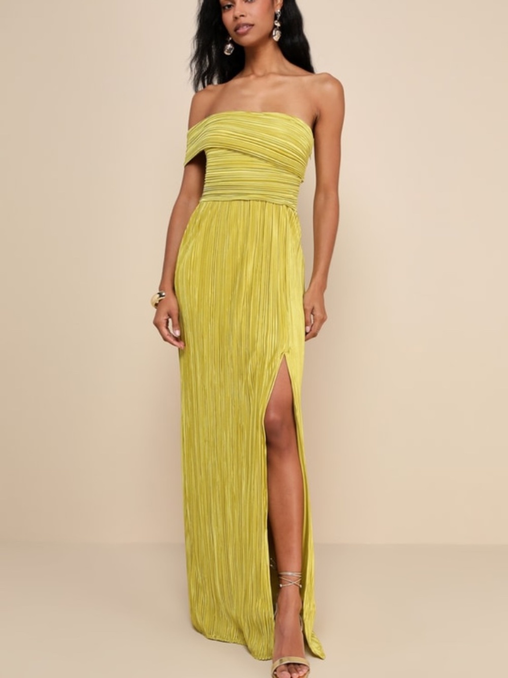 Lulu's Lime Strapless Pleated Maxi Dress with Thigh Slit
